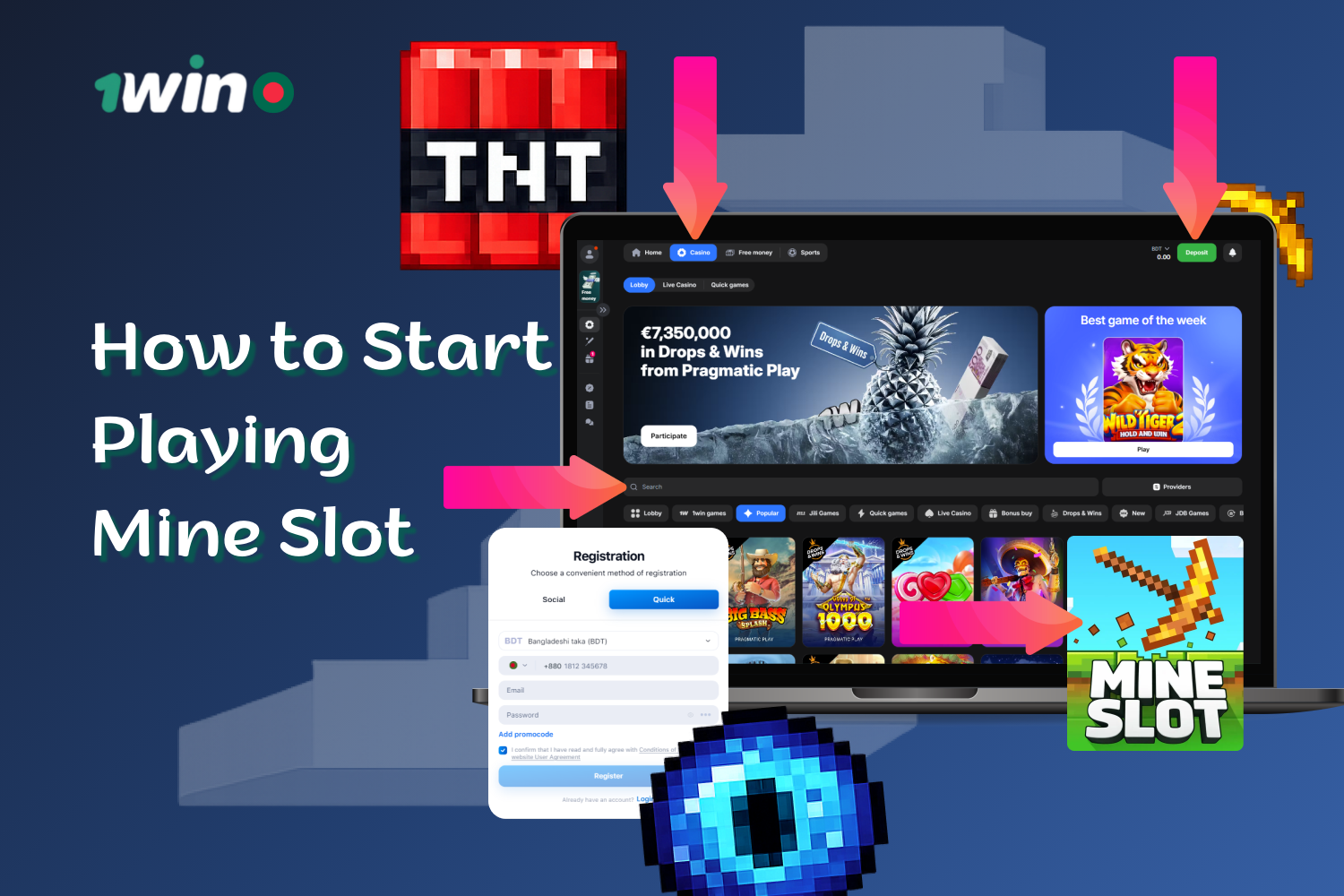 To play Mine Slot, you first need to follow a few simple steps on 1win